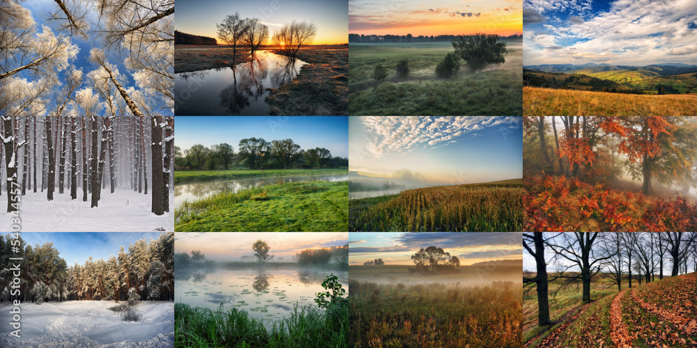 Twelve Colored Images of landscape For Calendar. four seasons: winter ...