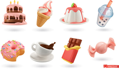 Wall Mural - Sweet food. 3d vector icon set. Cake, ice cream, panna cotta, bubble tea, donut, cup of coffee, chocolate, candy