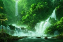 Beautiful Waterfall In The Congo. Democratic Republic Of Congo, Africa Unique Waterfalls And Lush Greenery On The Congo River. Digital Art Style, Illustration Painting , Horizontal Side View, Skyline