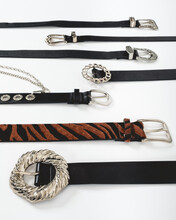 Different Types Of Black Leather And Animal Print Belts With Variety Of Buckles On White Background