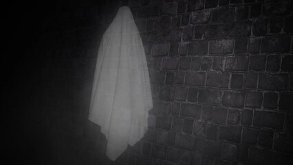 Wall Mural - ghost floating along dark brick wall 4k loop features a floating ghost flying down a dark hallway al