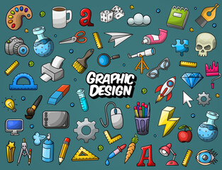 Colorful vector hand drawn doodle cartoon set of graphic design theme items, icons objects and symbols.