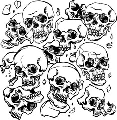 Wall Mural - Falling human skulls skeletons comic art tattoo vintage style background texture graphics black and white outlines