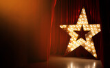 Fototapeta Zachód słońca - Photo of golden star with light bulbs on red velvet curtain on stage