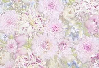 Wall Mural - Relief of pink and blue flower arrangement. Dahlia, rose, gentian. 3D illustration. 3D render