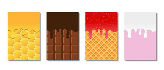 Poster - Different liquids drops. Colorful droplets of honey, chocolate, strawberry, milk. Realistic detailed 3d dripping set. Banner design. Vector illustration