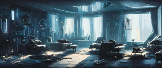 Poster - Artistic concept painting of a beautiful futuristic interior, background 3d illustration.