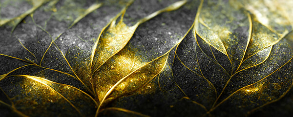 Spectacular realistic detailed veins and half black and gold abstract close-up, leaf covered with gold dust. Digital 3D illustration. Macro artwork.