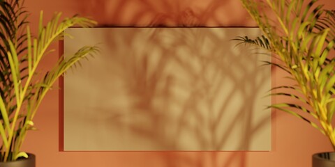 Wall Mural - palm tree leaves and shadows on wall with empty painting 3d rendering background illustration.