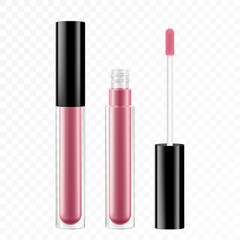 Lip gloss tube template. Lip cream plastic transparent 3d realistic vector packaging, opened and closed with black cap isolated on white background. Lipstick color swatch set.