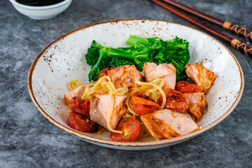 Canvas Print - Hoisin salmon with broccoli and egg noodles