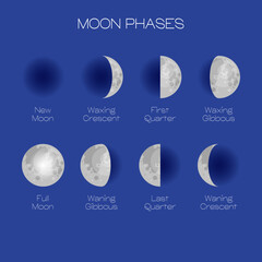 Wall Mural - moon phases scheme sphere shadow cycle astronomy icon set. vector illustration background