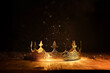 Leinwandbild Motiv low key image of beautiful queen or king crown over wooden table. vintage filtered. fantasy medieval period