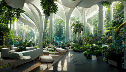 Futuristic indoor botanical garden spectacular design 3D illustration with summer floral and foliage