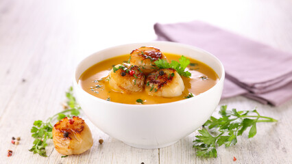 Canvas Print - bowl of soup and fried scallop