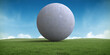 © cgterminal - Abstract realistic 3d illustration. Creative modern surreal ambient panoramic background. Beautiful nature landscape with green grass field and stone sphere, ball. Minimal fantasy art render.