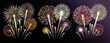 Three groups of realistic fireworks isolated on transparent background. Vector illustration.

