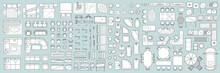 Vector Set. Architectural Elements And Furniture For The Floor Plan. Top View. Beds, Sofas, Kitchens, Chairs, Doors, Windows, Wardrobes, Trainers, Tables, Baths, Toilet Bowls. View From Above.