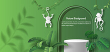 Product Banner, Monkeys Hanging On A Vine, Podium Platform With Geometric Shapes And Nature Background, Paper Illustration, And 3d Paper.