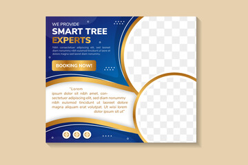 Wall Mural - smart tree experts banner design template with natural shape and gradient blue background. horizontal layout sign. space of photo collage and text. gold gradient wave elements.