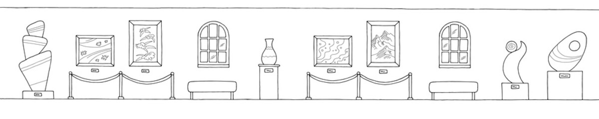 Fototapete - Museum interior graphic black white long sketch illustration vector 