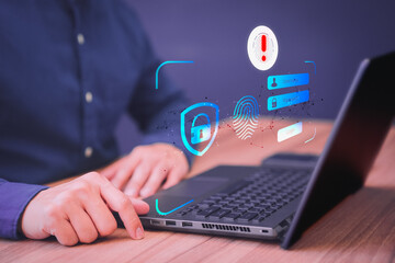 Poster - Man typing login and password, cyber security concept, Secure encryption and access to the user's private information to access the Internet. Exclamation mark.