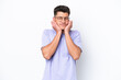© luismolinero - Young caucasian man isolated on white background frustrated and covering ears