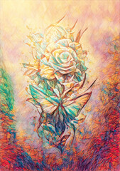 Aufkleber - butterfly and rose and mosaic structure.
