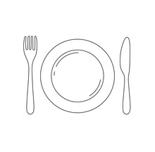 Vector Isolated One Round Plate With Fork And Knife On The Sides Serving Top View Colorless Black And White Contour Line Easy Drawing
