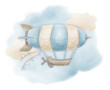 Composition of ancient Aircraft with clouds and watercolor blue sky. Hand drawn illustration of Dirigible for baby boy design. Isolated vintage Airship on white background
