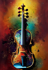 Violin covered with paint, grunge-style painting, a musical instrument with colorful paint splatter and gradients.  Created with generative ai technology