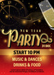 New Year and Christmas party invitation background with golden clock and and a glass of champagne. Xmas banner. Vector