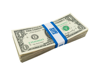 Wall Mural - Pack of one dollar bills with $100 paper currency strap isolated