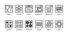 Cookware Vector Icons Set. Food Safe, Freezer, Oven, Microwave, Dishwasher, Halogen, Gas, Electric, Induction, Radiant, Ceramic Logo Symbols. 
