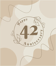 42 Year Anniversary, Minimalist Logo. Brown Vector Illustration On Minimalist Foliage Template Design, Leaves Line Art Ink Drawing With Abstract Vintage Background.