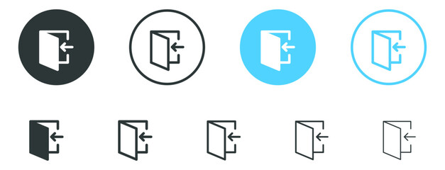 Poster - arrow Login account icon - Enter symbol, log in icon button - arrow and door icon entry symbols in filled, thin line, outline and stroke style for apps and website