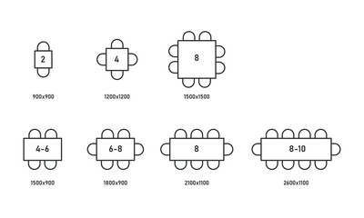 Rectangle tables with sizes line icon set. Top view scheme. Vector illustration