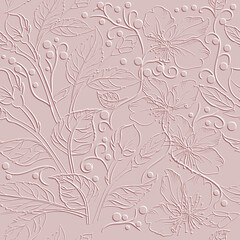 Wall Mural - 3d embossed floral lines seamless pattern. Ornamental  leafy relief background. Repeat textured pink backdrop. Surface doodle lines flowers, leaves, branches, circles. 3d ornaments. Endless texture