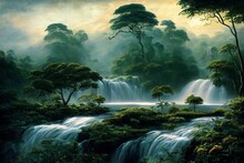 Sunrise Rainforest Panorama, African Jungle River With Tropical Vegetation And Waterfalls, Exotic Fantasy Landscape, Digital Illustration