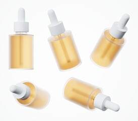 Wall Mural - cosmetic serum bottle with pipette mockup 3d render, skin care yellow oil dropper in several views, 