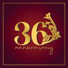 36th Anniversary Celebration Banner With  On Red Background. Vintage Decorative Number Vector Design.