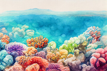 Wall Mural - Watercolor underwater life. painted coral reef, Great Barrier reef, underwater coral . Aquatic illustration for design, print or background. Beautiful wildlife. 3D rendering