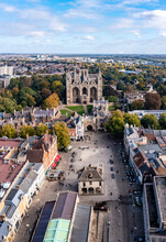 Aerial View Of Peterborough Cathedral And Guildhall In Cathedral Square