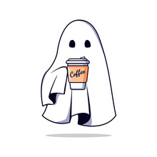 Kawaii Ghost Drinking Coffee Cup. Happy Halloween. Cute Cartoon Spooky Character. Vector Illustration
