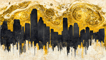 Wall Mural - Spectacular black and golden abstract city background on white background, water color with gold dust sparkling, glistening on the spiral cloud. Digital art 3D illustration.