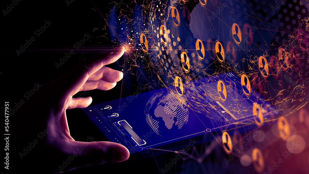 Business hand reaching global structure network and data exchanges ...