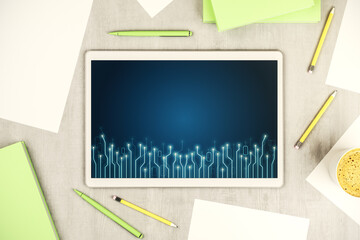 Aufkleber - Top view of modern digital tablet monitor with circuit hologram. Research and development hardware concept. 3D Rendering