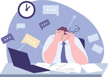 Tired Office Man At Desk In Info Noise. Messages And Email, Diverse Letters And Deadline. Time Management, Vector Burnout Business Person