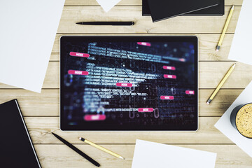 Leinwandbilder - Abstract creative coding illustration on modern digital tablet display, software development concept. Top view. 3D Rendering