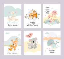 Cute Animal Mother Day Cards. Cubs And Mummy, Baby Animals Love Mom. Female Fauna Characters, Funny Sloth Koala Swan. Nowaday Childish Vector Set